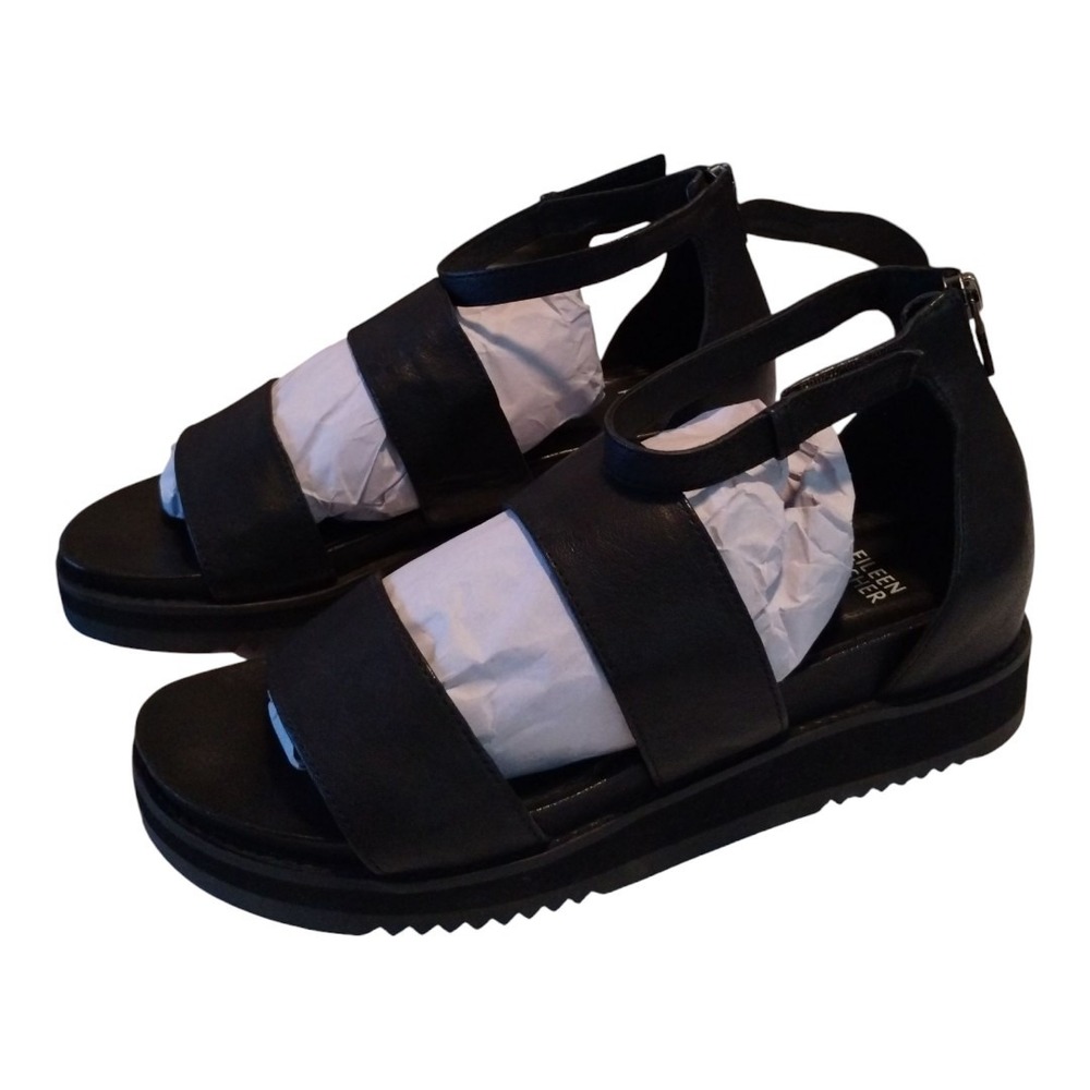 Eileen‎ Fisher Keno Leather Platform Wedge Sandals Women's 9 Ankle Straps Zip